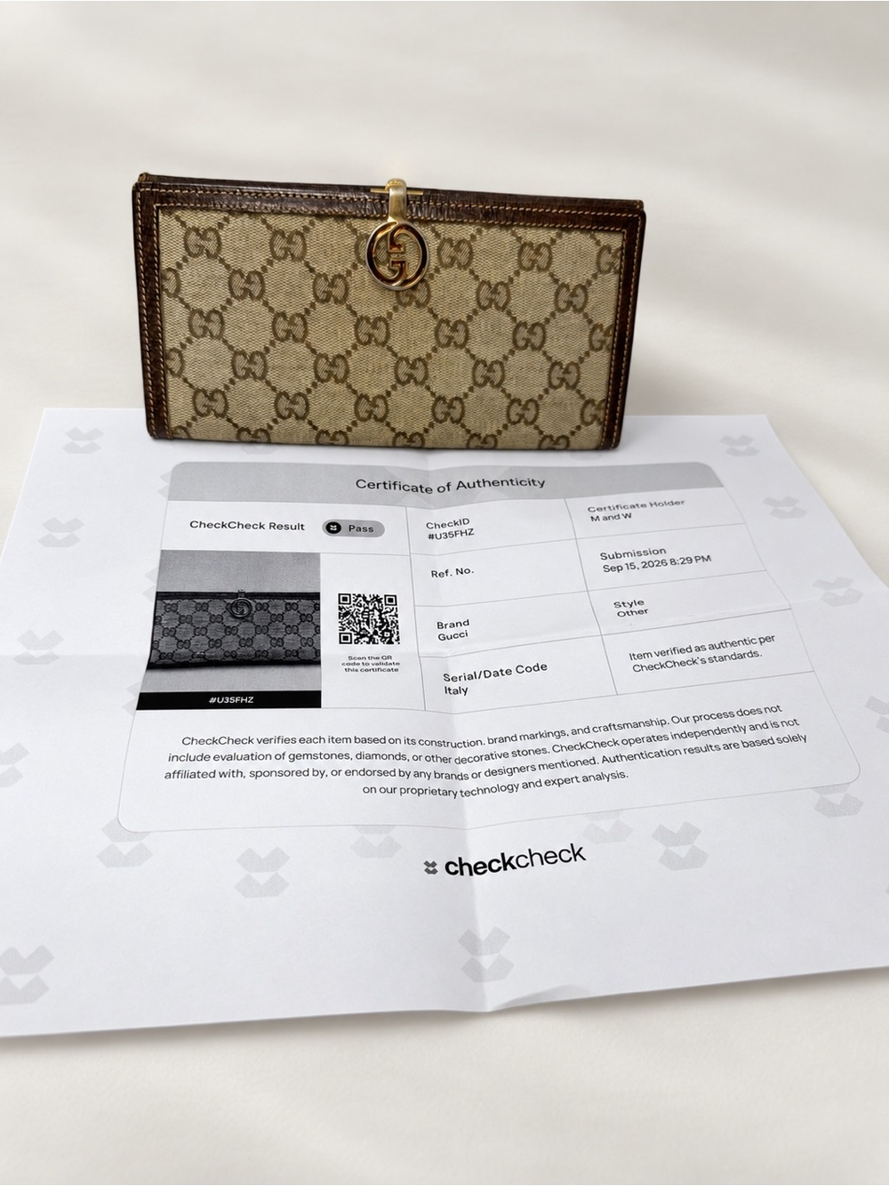 Gucci Beige & Brown GG Canvas Card Holder with Gold-Tone GG Charm
